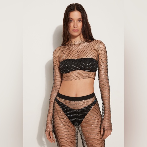 Limited-Edition Long- Bell Sleeved Rhinestone Mesh Crop Top NWT - Picture 3 of 8